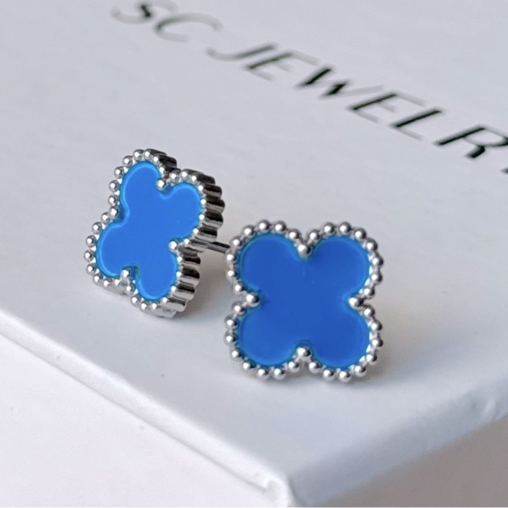 Blue Clover Earrings Stainless Steel Silver Tone